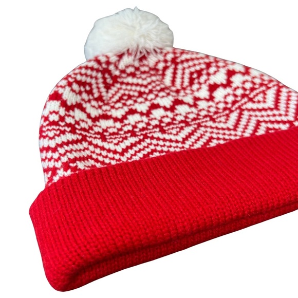 Old Navy Fair Isle Pom Beanie Sweater Knit Scandi Girl Red White One Size OS - Picture 3 of 12